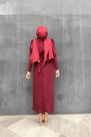Kemerli Simli Abiye Bordo