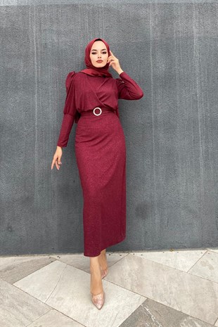 Kemerli Simli Abiye Bordo