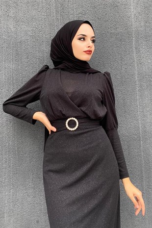 Kemerli Simli Abiye Siyah