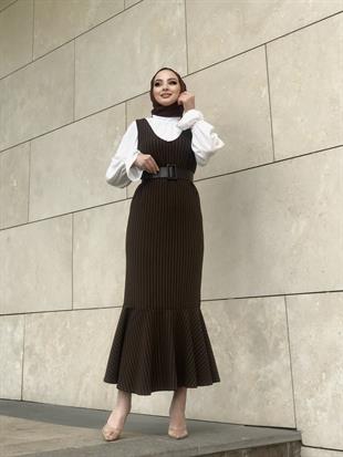 Kendinden Çizgili Jile Elbise Kahverengi