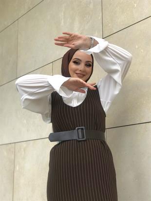 Kendinden Çizgili Jile Elbise Kahverengi