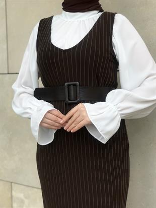 Kendinden Çizgili Jile Elbise Kahverengi