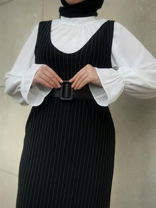 Kendinden Çizgili Jile Elbise Siyah