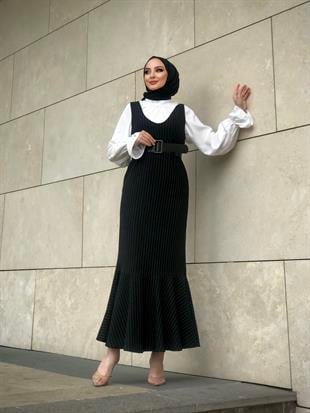 Kendinden Çizgili Jile Elbise Siyah