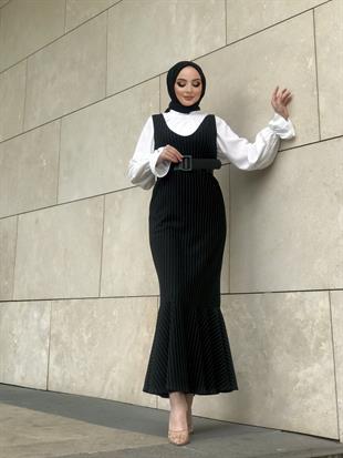 Kendinden Çizgili Jile Elbise Siyah