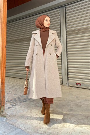 Kendinden Çizgili Kuşaklı Kaban Bej