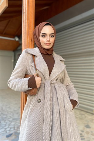 Kendinden Çizgili Kuşaklı Kaban Bej
