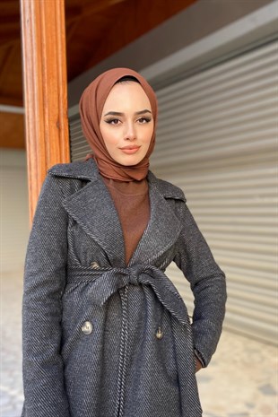 Kendinden Çizgili Kuşaklı Kaban Siyah