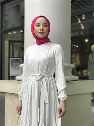 Kendinden Çizgili Maxi Elbise Bej