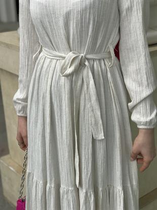 Kendinden Çizgili Maxi Elbise Bej