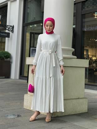 Kendinden Çizgili Maxi Elbise Bej