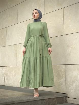 Kendinden Çizgili Maxi Elbise Çağla