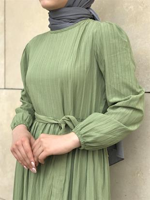 Kendinden Çizgili Maxi Elbise Çağla