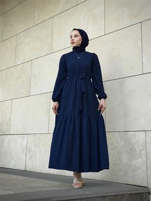 Kendinden Çizgili Maxi Elbise Lacivert