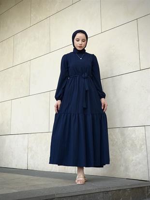 Kendinden Çizgili Maxi Elbise Lacivert