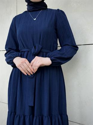 Kendinden Çizgili Maxi Elbise Lacivert