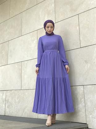 Kendinden Çizgili Maxi Elbise Lila