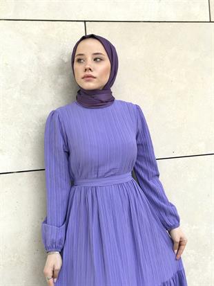 Kendinden Çizgili Maxi Elbise Lila