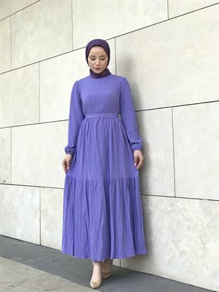 Kendinden Çizgili Maxi Elbise Lila