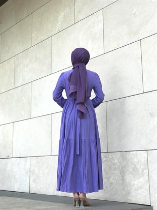 Kendinden Çizgili Maxi Elbise Lila