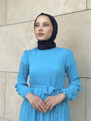 Kendinden Çizgili Maxi Elbise Mavi