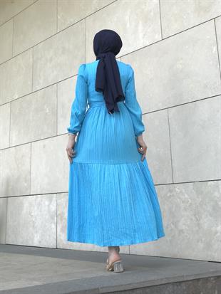 Kendinden Çizgili Maxi Elbise Mavi