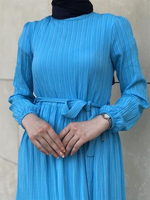 Kendinden Çizgili Maxi Elbise Mavi