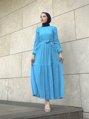 Kendinden Çizgili Maxi Elbise Mavi