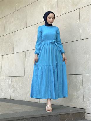 Kendinden Çizgili Maxi Elbise Mavi