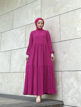 Kendinden Çizgili Maxi Elbise Fuşya