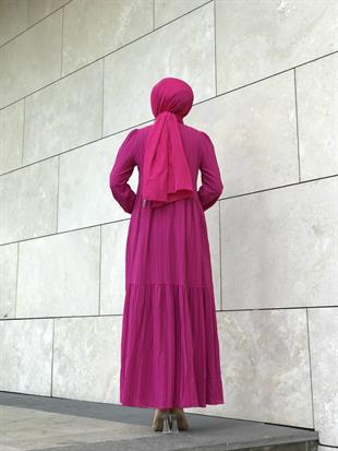 Kendinden Çizgili Maxi Elbise Fuşya