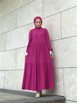 Kendinden Çizgili Maxi Elbise Fuşya