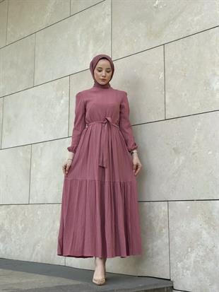 Kendinden Çizgili Maxi Elbise GülKurusu