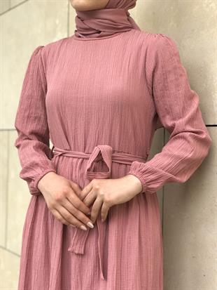 Kendinden Çizgili Maxi Elbise Pudra