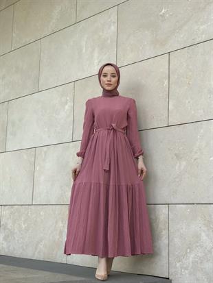 Kendinden Çizgili Maxi Elbise GülKurusu