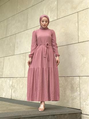 Kendinden Çizgili Maxi Elbise Pudra