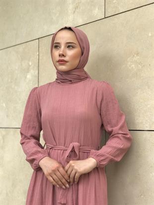 Kendinden Çizgili Maxi Elbise Pudra