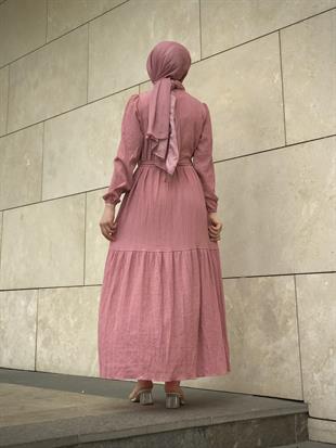 Kendinden Çizgili Maxi Elbise Pudra