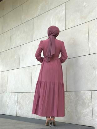 Kendinden Çizgili Maxi Elbise GülKurusu