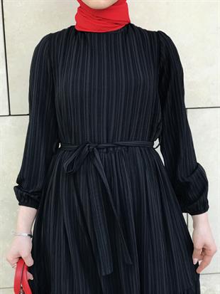 Kendinden Çizgili Maxi Elbise Siyah