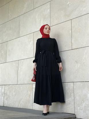 Kendinden Çizgili Maxi Elbise Siyah