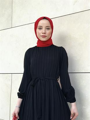 Kendinden Çizgili Maxi Elbise Siyah