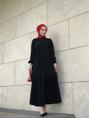 Kendinden Çizgili Maxi Elbise Siyah