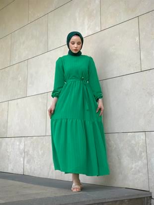 Kendinden Çizgili Maxi Elbise Yeşil