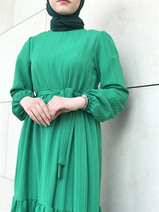 Kendinden Çizgili Maxi Elbise Yeşil