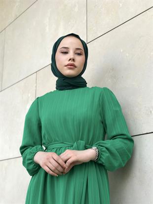 Kendinden Çizgili Maxi Elbise Yeşil