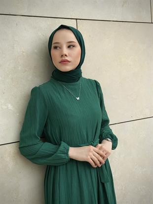 Kendinden Çizgili Maxi Elbise Zümrüt