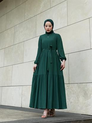 Kendinden Çizgili Maxi Elbise Zümrüt