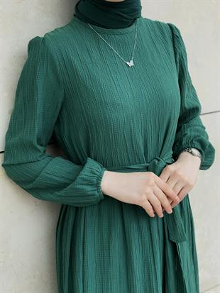 Kendinden Çizgili Maxi Elbise Zümrüt