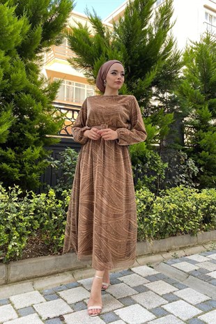 Kendinden Simli Kemerli Abiye Gold
